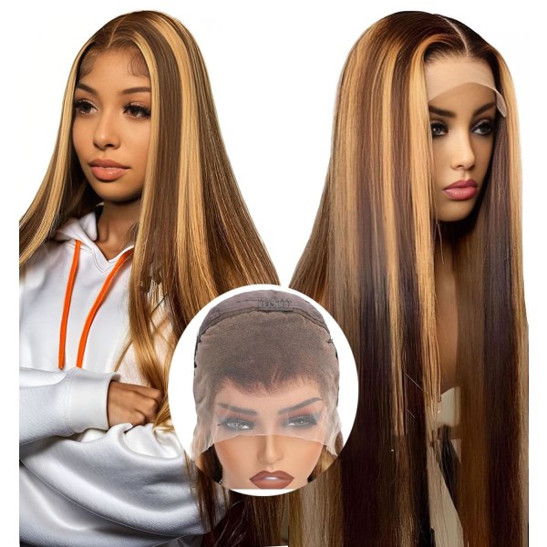 Highlight Ombre Lace Front Parykk Menneskehår 26 Tommer 180% Tetthet 13x4 Full Frontal HD Transparent Blonder Parykk Pre Plukket Rett Blonder Parykk Menneskehår Br Frontal Ombre Highlight Wig 26 Inch