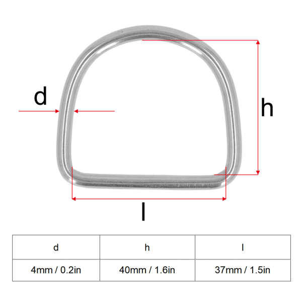 10 st D-ringspännen 316 Rostfritt stål Halvcirkelformade D-formade ringar för marin kajakriggning 40x37x4MM