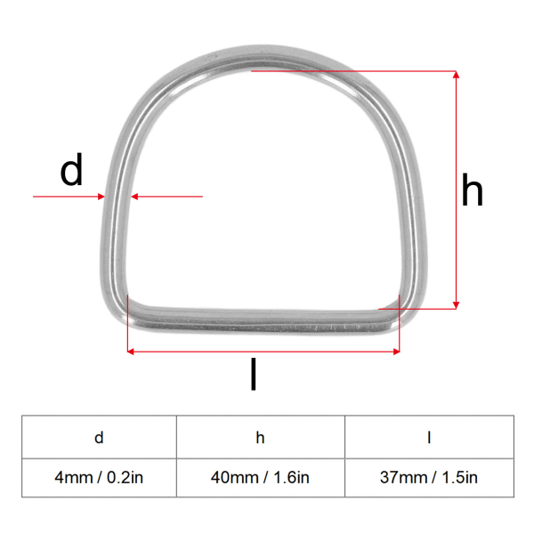 10 STK D-ringspænder 316 rustfrit stål halvcirkulære D-formede ringe til marinekajakrigning 40x37x4MM