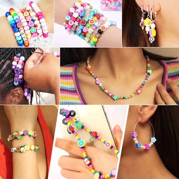 1000 st Polymer Clay Beads Armband Making kit, 24 Style Söta Roliga Pärlor Frukt Blomma Djur Tårta Fjäril Hjärta Pärlor Charms för Smycken Halsband Ea