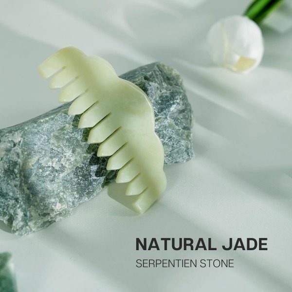 Naturlig Jade Kam Hode Massasjer, Hodebunnsmassasje Kam og Gua Sha Skrapeverktøy, Meridian Massasjeverktøy for Hodepleie og Avslapping (Premium Serpent Green