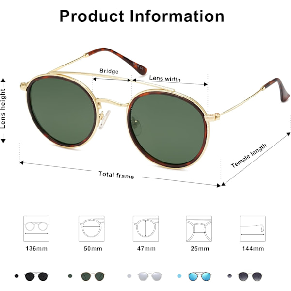 Retro pyöreät kaksoissiltajouset polarisoidut aurinkolasit naisille ja miehille Vintage Circle UV400 Sunnies SJ1104 Brown Tortoise Green