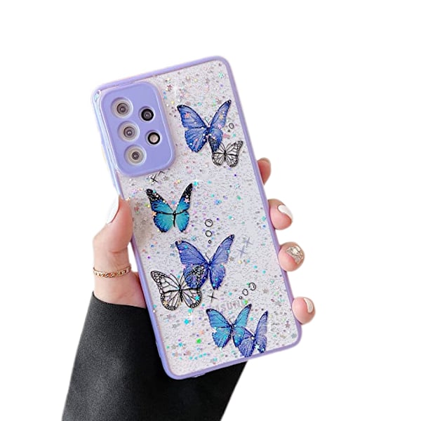 TPU-takakuori Samsung Galaxy A52 ja A52s 5G -puhelimille, läpinäkyvä glitter-nestesilikonikuori perhoskuviolla, naarmuuntumaton ja iskunkestävä