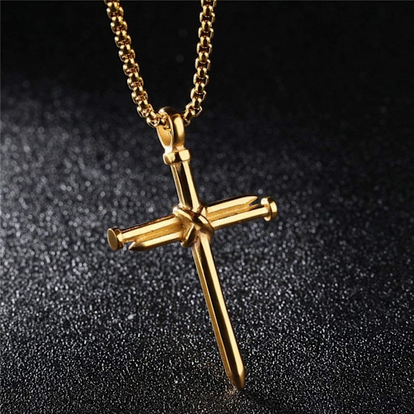 Korshalskjede for menn Korsanheng STYRKE Bibelvers Rustfritt stål Halskjede Nail Gold Cross