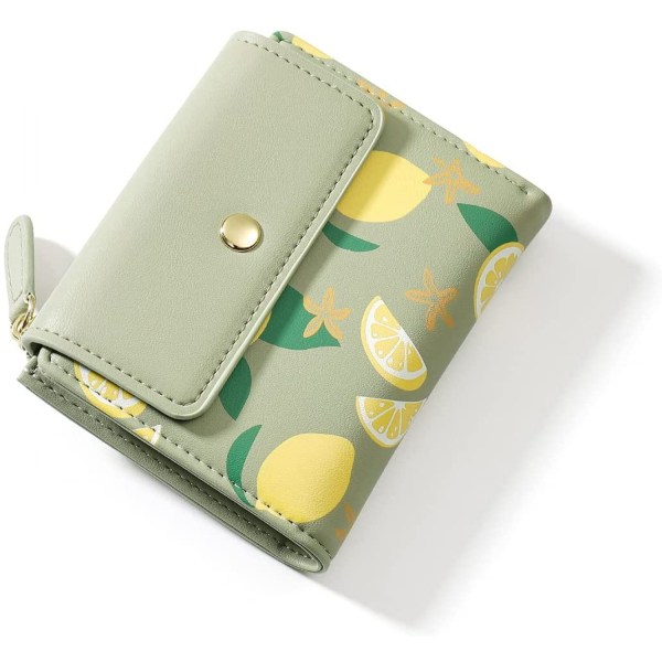 Cute Lemon Zipper Pocket Trifold Small Wallets Card Holder ID Window Purse Coin Pouch for Women Ladies (GREEN, Lemon Print)