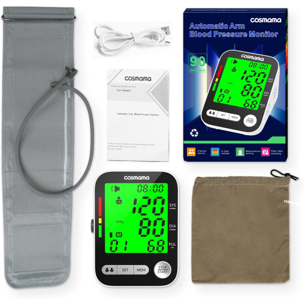 Blodtrycksmätare, automatiska armblodtrycksmätare för hemmabruk, uppladdningsbar blodtrycksmaskin med stor skärm BP-manschett (8,6"-16,5"