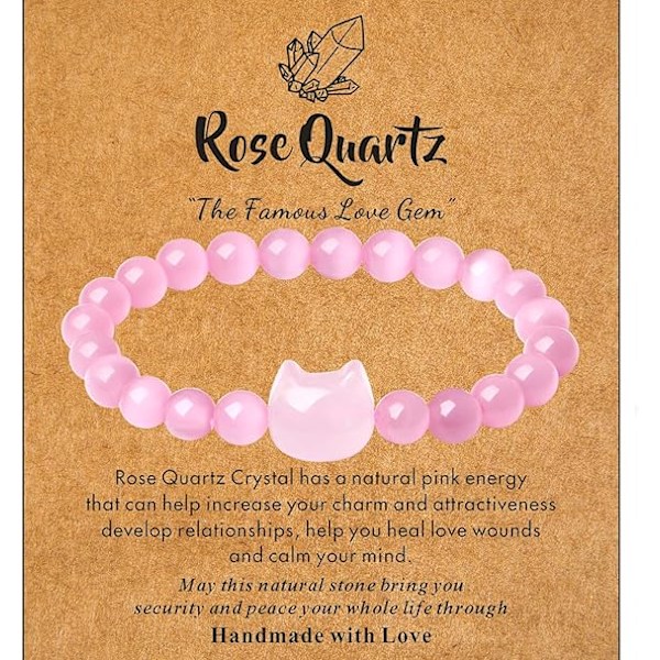 Katt Kristallarmband, Kattgåvor för Kvinnor, Damarmband, 8mm Pärlarmband Elastiskt, Damarmband Smycken, Söt Katt pink