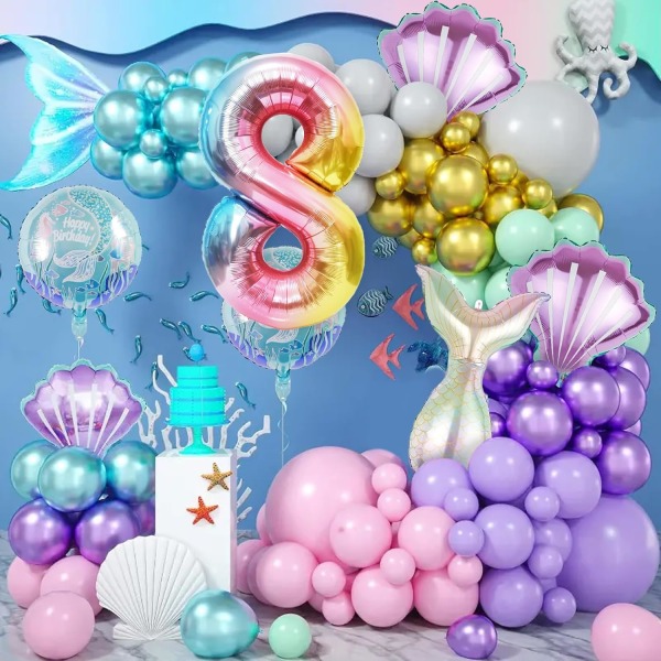 Havfrue Bursdag Dekorasjon Havfrue Fest Dekorasjoner Kit Hav Ballong Havfrue Folie Store Tall Ballonger for Jenter Under Havet Havfrue Tema Baby S Number 8