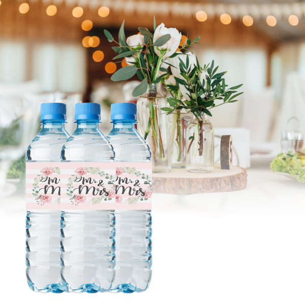 25 stk vannflaskeklistremerker MR og MRS Stripes Rosa blomster Vanntette Lyse dekorative festflaskeetiketter til bryllup