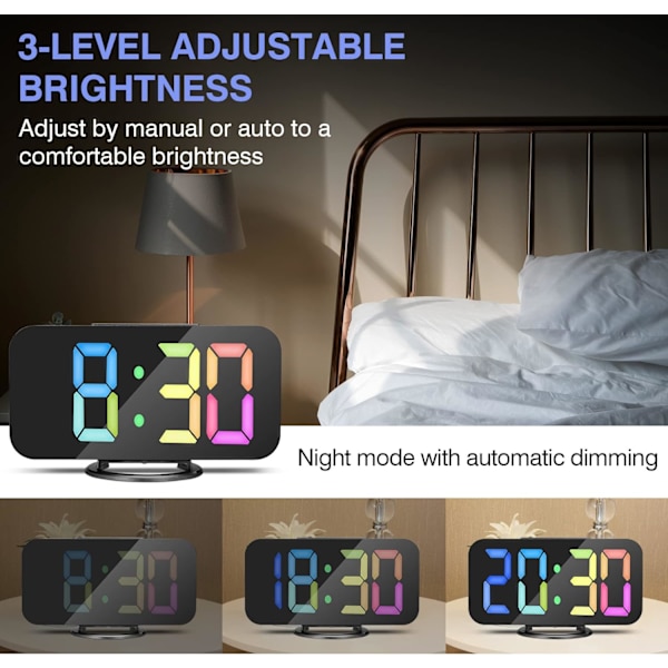 Digital väckarklocka, 6,6\\u201d LED-spegel elektriska väckarklockor för sovrum, digital klocka med 2 USB-portar, manuell/automatisk ljusstyrka, väckarklocka med Black