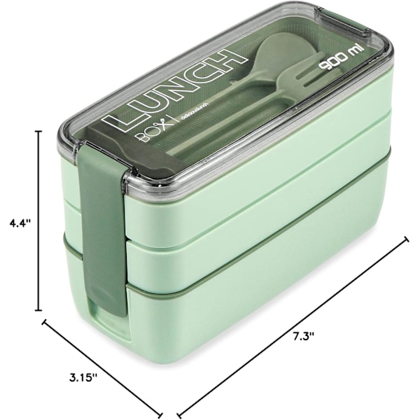 3-osastoinen pinottava Bento-lounasrasia - vehnäolki, tiivis, 901 ml - BPA-vapaa, mikroaaltouunin ja astianpesukoneen kestävä aterian valmistukseen green