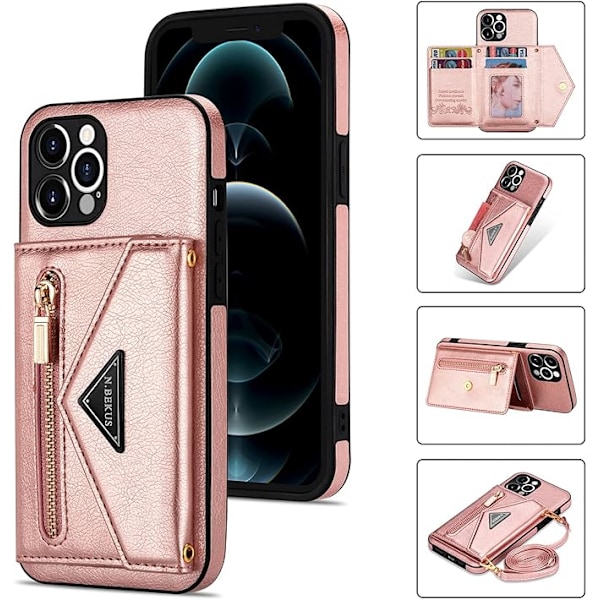 Plånboksfodral Crossbody för iPhone 13 Pro med Snodd Kreditkortshållare, PU Läder Skyddande Handväska Dragkedja Ställ