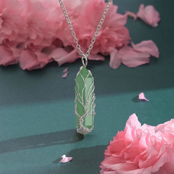 Läkande kristallhalsband Livets träd Wire Wrapped Naturlig stenspets Hänge Halsband Hexagonal Reiki Spirituell kvarts Ädelstens smycken för kvinnor M Aventurine Silver