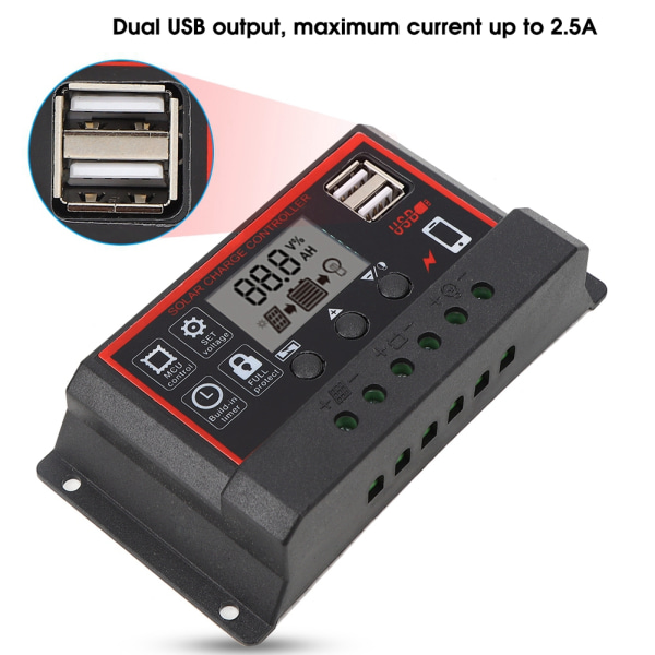 LCD Solcelle Laderegulator 5V /2.5A Dobbelt USB PWM Cellepanel Regulator Automatisk Identifikation 12V 24V50A