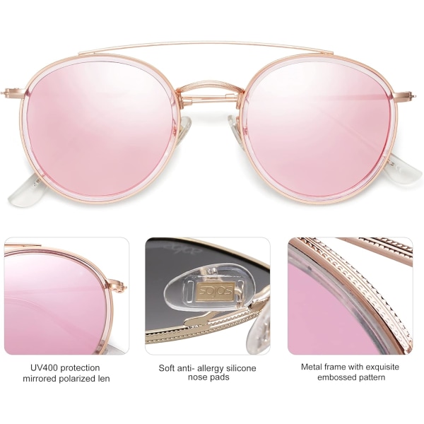 Retro Runde Dobbelt Bro Polariseret Solbriller til Kvinder Mænd Vintage Cirkel UV400 Solbriller SJ1104 Rose Gold Pink
