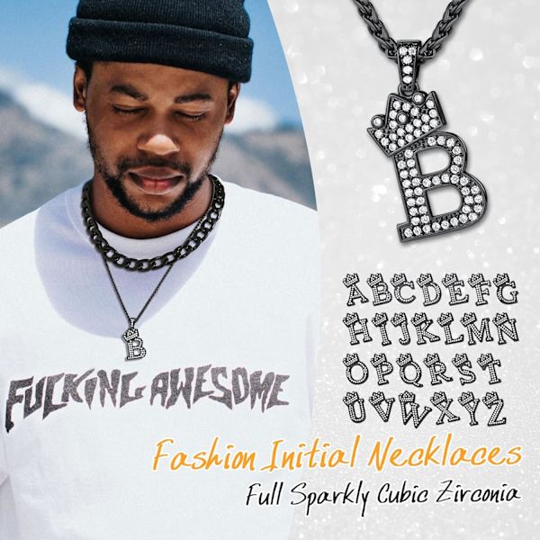 Krone Initial A-Z Halskjede, Iced Out Bokstavanheng med 22-24 Tommers Kjede, Menn Kvinner Bling Hip Hop Alfabet Navn Smykker Gave Store Initialer Halskjeder B Black