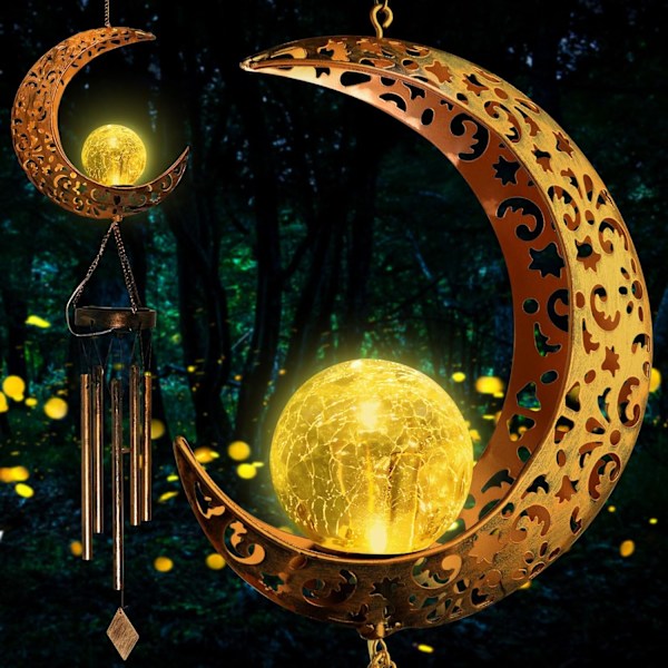 Måne Vindspel - LED Crackle Glaskula, Ihålig Måne Design i Metall, Utomhusdekor för Trädgård, Uteplats, Gård - Melodisk Vindklocka, Nig moon