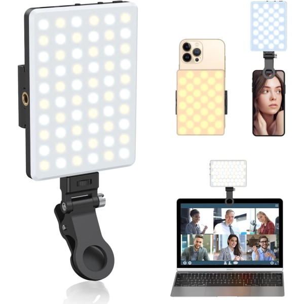 Selfie-ljus, mobiltelefonlampa med främre och bakre klämmor, 60 bärbara LED-lampor med 3 ljuslägen, 5000mAh uppladdningsbara videolampor