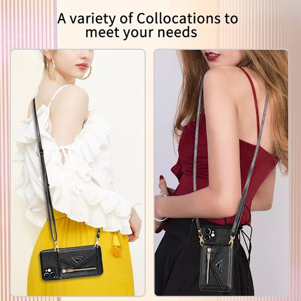 Plånboksfodral Crossbody för iPhone 11 med Snodd, Kreditkortshållare, PU Läder Skyddande Handväska Dragkedja Plånbok Ställ