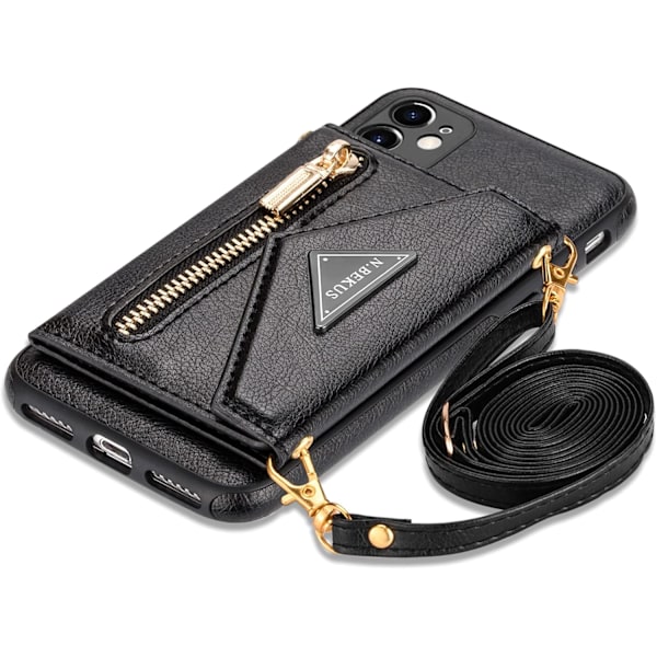 Plånboksfodral Crossbody för iPhone 12 med Snodd, Kreditkortshållare, PU Läder Skyddande Handväska Dragkedja Plånbok Ställ