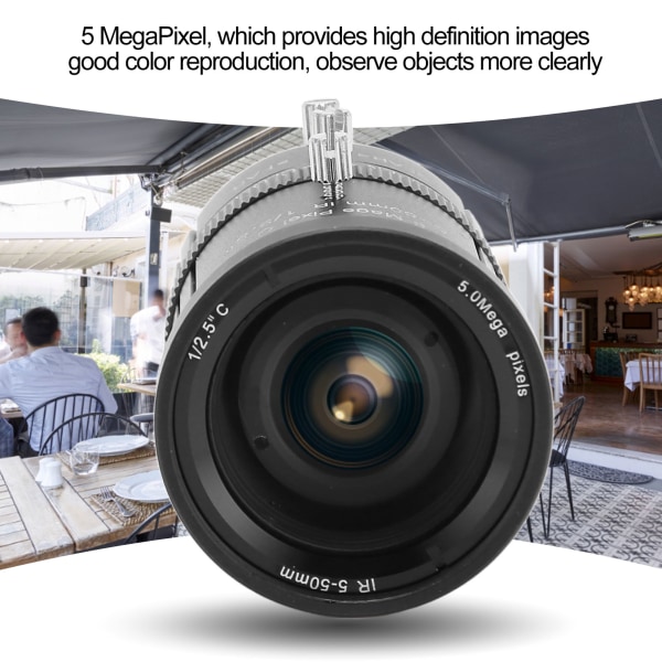 Kameran zoom-objektiivi 5–50 mm 5 megapikselin polttoväli C-kiinnitys manuaalinen aukko teräväpiirto teollisuuskameralle