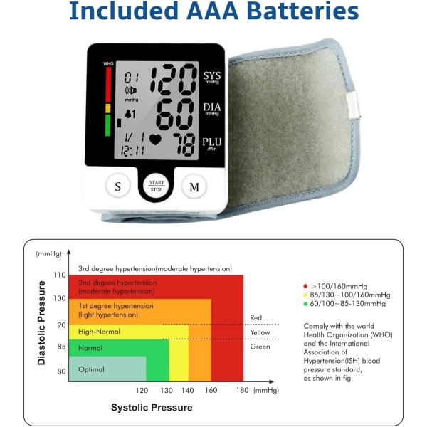 Automatisk blodtrykksmåler for håndledd - Blodtrykksmåler med stemmefunksjon - Justerbar mansjett for voksne - Elektronisk digital blodtrykksmåler Battery