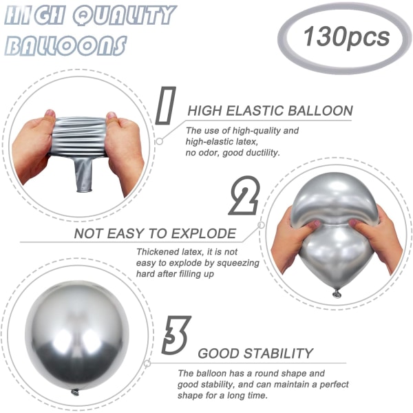 130PCS metalliske sølvballonger i forskjellige størrelser 18\" 12\" 10\" 5\" ballongbue sett perfekt for bursdagsfest, konfirmasjon, babyshower, bryllup, Metallic Silver