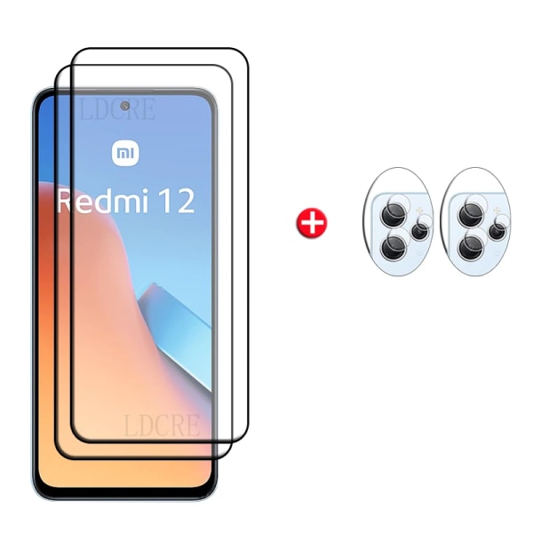 4-i-1För Xiaomi Redmi 12 Glass Redmi 12 Härdat glas Cover 9H HD skärmskydd med heltäckande skydd