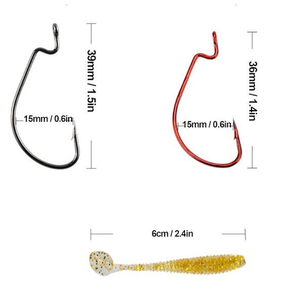 60 st/låda Mjukt bete fiskedrag kit med rostfritt stål vev krokar artificiell T svans PVC mjukt bete beten för basfiske 6cm