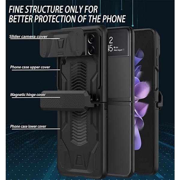 For Samsung Galaxy Z Flip 3 Deksel, med Hengselbeskyttelse og Skyvbart Kamerabeskyttelsesdeksel, Militærgrad Armor Beskyttelse Ca