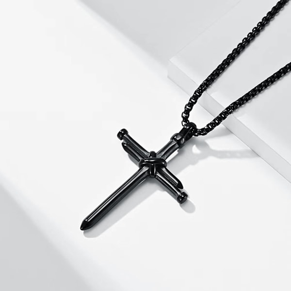 Korshalskjede for menn Korsanheng STYRKE Bibelvers Rustfritt stål Halskjede Nail Black Cross