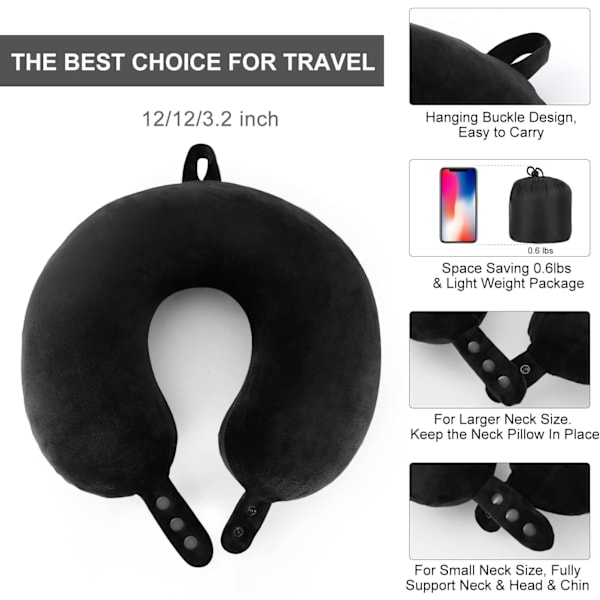 Rejse nakkepude, bedste memory foam flypude til hovedstøtte blød justerbar pude til fly, bil og hjemmets lænestol (sort) Black