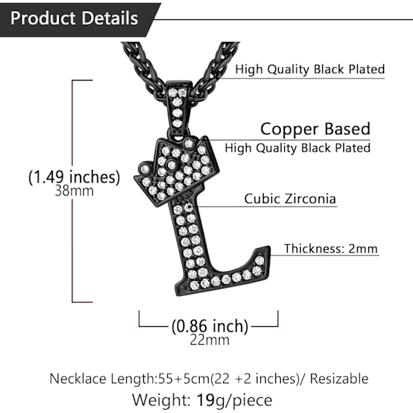 Krone Initial A-Z Halskjede, Iced Out Bokstavanheng med 22-24 Tommers Kjede, Menn Kvinner Bling Hip Hop Alfabet Navn Smykker Gave Store Initialer Halskjeder L Black