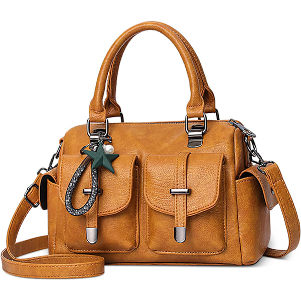 Retro Handväska Dam Elegant Topphandtagsväska Crossbody Väska Dam Axelväska med Hänge Satchel PU Läder för Arbete Resor Dejting yellow
