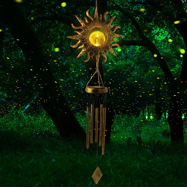 Sol Vindspel - LED Crackle Glass Ball, Ihålig Måne Design i Metall, Utomhusdekor för Trädgård, Uteplats, Gård - Melodisk Vindklocka, Natt sun
