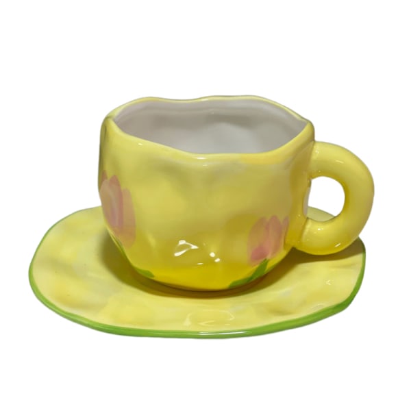 Söta vridna oregelbundna keramiska kaffemuggar och set Kaffemuggar Tekopp Presenter för tjejer Mammaälskare (gul tulpan)