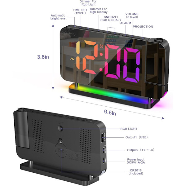 Projektionsväckarklocka, 7-tums RGB digital väckarklocka med 10 färgers nattlampa, digitala klockor Projektion på takvägg 180° roterbar, 6-nivåers Br white