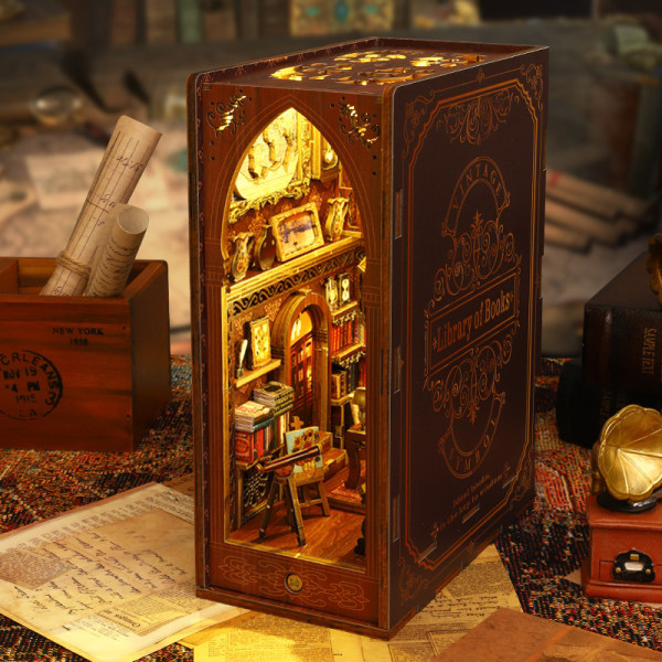 1st DIY Book Nook Kit, DIY Miniatyr Dollhouse 3D träpussel bokstöd för bokhylla dekoration, litet modellhus för vuxna att bygga