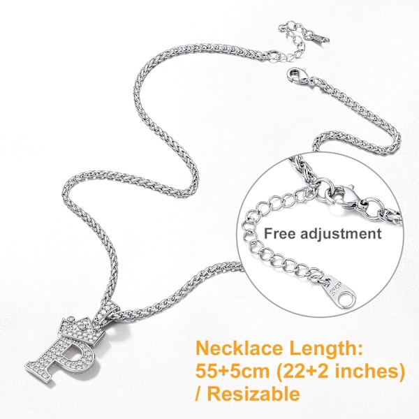 Krone Initial A-Z Halskjede, Iced Out Bokstavanheng med 22-24 Tommers Kjede, Menn Kvinner Bling Hip Hop Alfabet Navn Smykker Gave Store Initialer Halskjeder P Silver