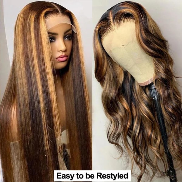 Highlight Ombre Pitsi Etuperuukki Ihmishiukset 26 Tuumaa 180% Tiheys 13x4 Täysi Etuosa HD Läpinäkyvä Pitsi Esi-Nypitty Suora Pitsi Etuperuukki Ihmishiukset Br Frontal Ombre Highlight Wig 26 Inch