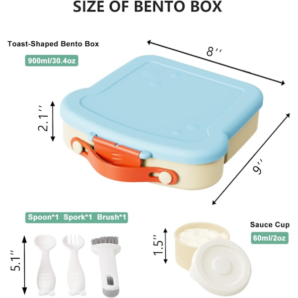 Lasten paahtoleivän muotoinen bento-lounasrasia - 4-osainen uudelleenkäytettävä ruoka-astia kastikekupilla, ruokailuvälineillä ja harjalla - BPA-vapaa, mikroaaltouuni/pakastin blue