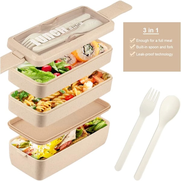 3-osastoinen pinottava Bento-lounasrasia - vehnäolki, tiivis, 902 ml - BPA-vapaa, mikroaaltouunin ja astianpesukoneen kestävä aterian valmistukseen khaki