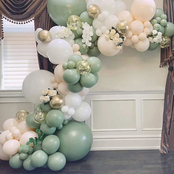 Salviagrön Ballongbåge Kit - 108 delar Grön och Vit Ballonggirlang med Beige Ballong Olivgrön och Guld Konfettiballonger för