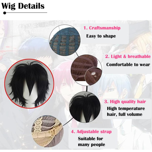 Blå kort peruk, Bob Anime Cosplay Layered Rakt hår Kostym Fest Anime Pixie Finklänning För Kvinnor Män Pojkar Flickor