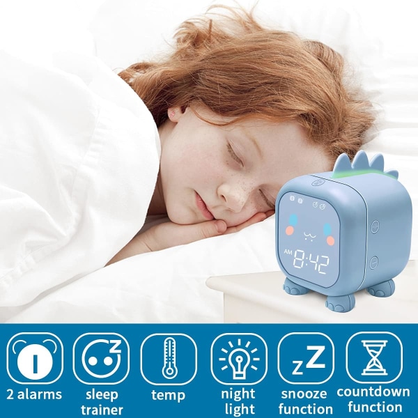 Børnevækkeur med dinosaur, digitalt vækkeur til børns soveværelse, sødt sengebordsuhr til børns søvntræning, vækkeur med lys og nattelys Blue