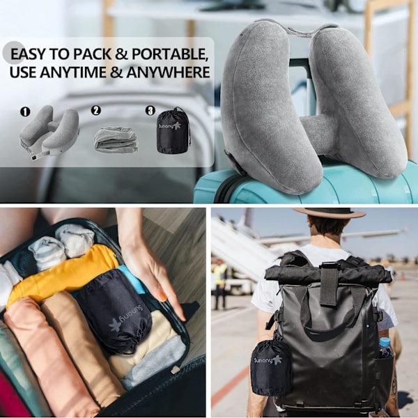 Nackkudde för resor Uppblåsbar flygplansdyna Stöder bekvämt huvud, nacke och haka, uppblåsbar resedyna med mjuk velouröverdrag, hatt, bärbar Comfort Grey with Hat