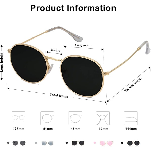 Pienet pyöreät polarisoidut aurinkolasit naisille ja miehille, klassiset vintage-retrolasit UV400 Bright Gold Grey