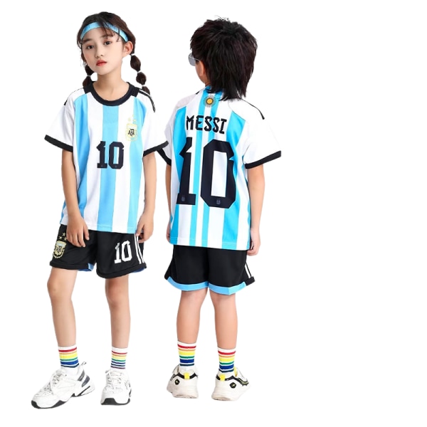 3 st Argentina fotbollströja för barn, t-shirt och shorts, set fotbollsungdomströjor (med strumpor)（24）