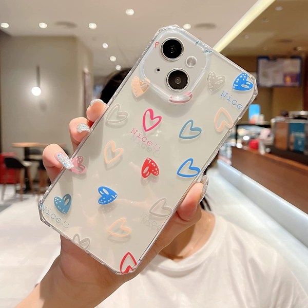 Värikäs Love Heart -kuori yhteensopiva iPhone 13 6.1 tuuman 5g -puhelimen kanssa, neliönmuotoinen kirkas puskuri, söpö pieni sivukuvio naisille ja tytöille S