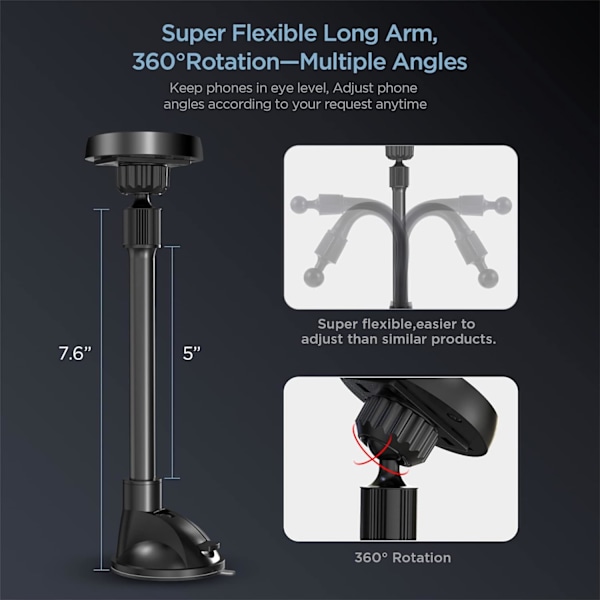 Lang Arm Universal Magnetisk Holder til Forrude og Instrumentbræt til Mobiltelefon, Blød og Fast Svanehalsarm & Forbedret Sugekop